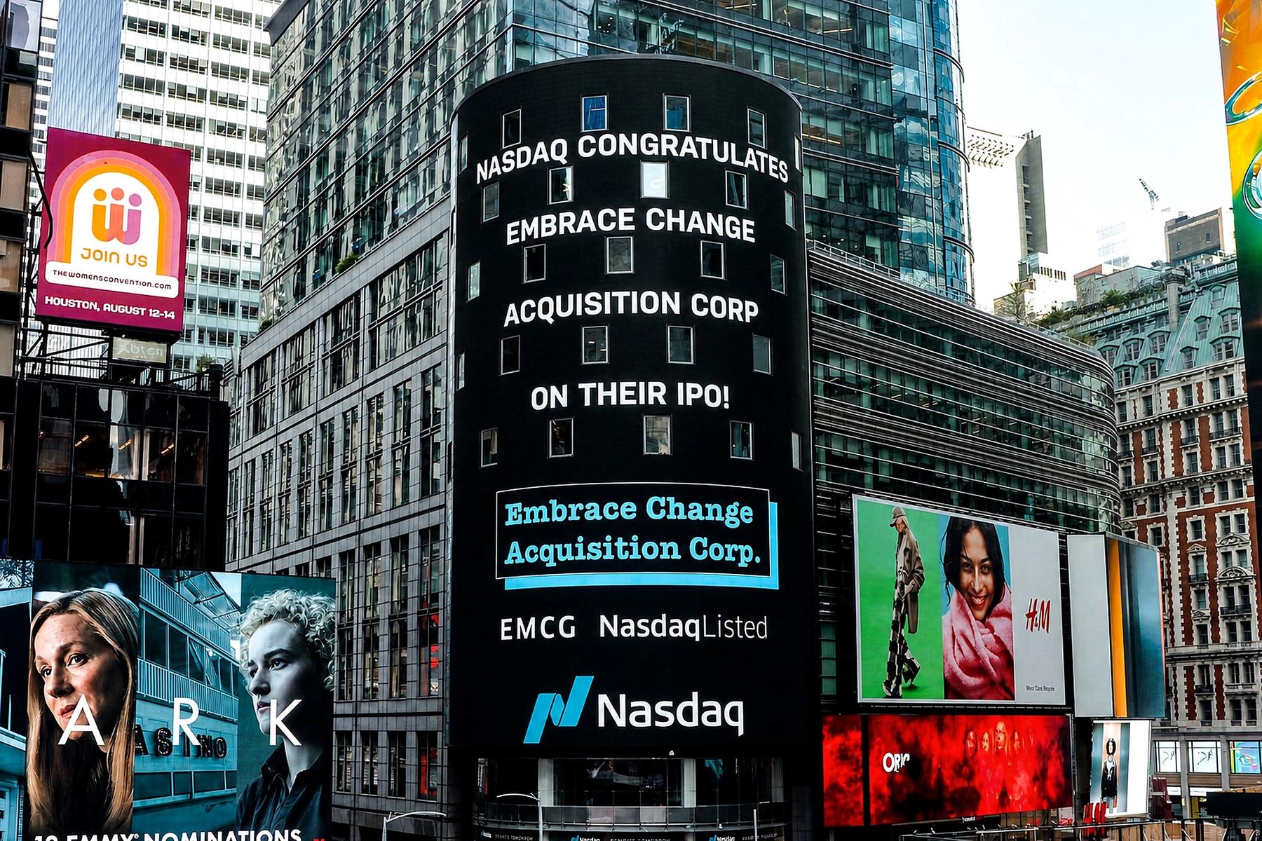 Embrace Change Acquisition Corp. listing announcement at NASDAQ MarketSite, Times Square
